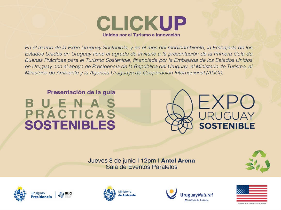 #Expo #UruguaySostenible ✅️

𝗣𝗿𝗲𝘀𝗲𝗻𝘁𝗮𝗰𝗶𝗼́𝗻 de la #Guía de #BuenasPrácticas para el #TurismoSostenible
Financia <a href="/usembassyMVD/">U.S. Embassy Uruguay</a>
Apoyan <a href="/compresidencia/">Presidencia Uruguay</a> <a href="/uruguaynatural/">Uruguay al Natural</a> <a href="/MAmbienteuy/">Ministerio de Ambiente</a> y <a href="/AuciUruguay/">AUCI Uruguay🇺🇾</a>
8 de Junio Hora 12:00 ✅️
En <a href="/antelarena/">Antel Arena</a>
#Clickup #Turismo e #Innovación