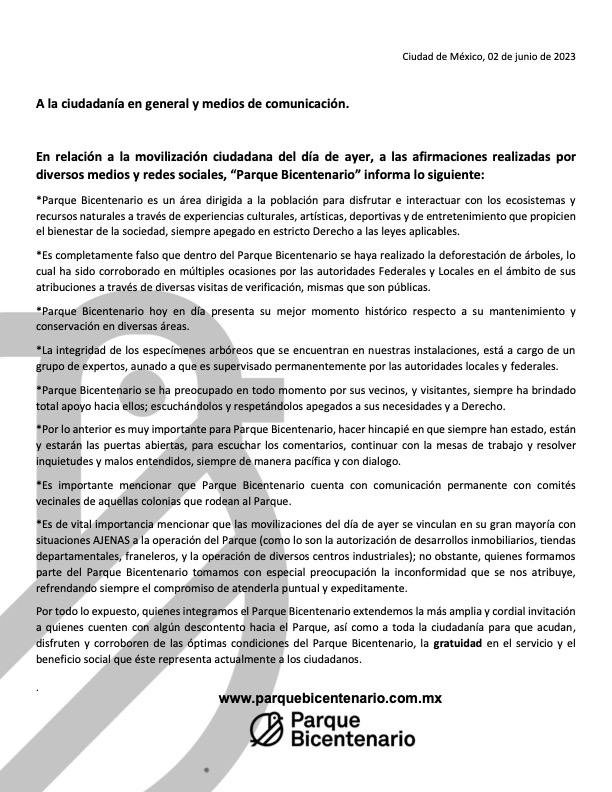 Comunicado Parque Bicentenario: