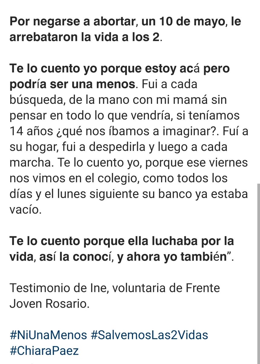 cuando Manuel Mansilla asesinó a Chiara Páez x negarse a abortar, se desencadenó el primer  #NiUnaMenos Después lo ideologizaron y pasó a ser 1 reclamo x aborto legal y el colectivo 🏳️‍🌈
Me quedo con el recuerdo de Inés, amiga de Chiara, que escribió unas palabras en su memoria👉