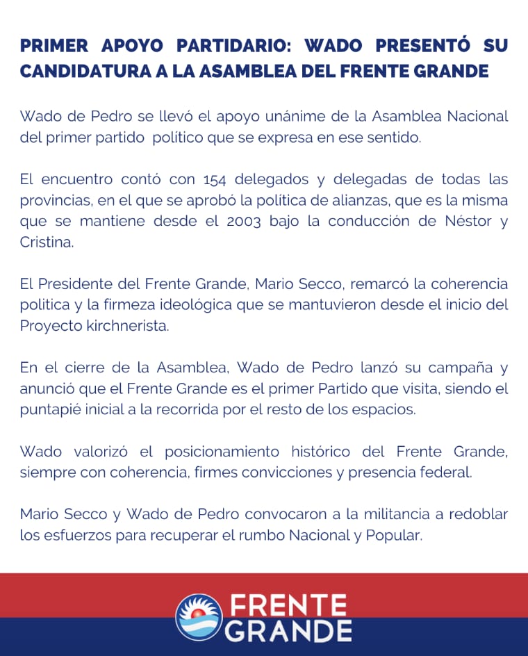 Primer apoyo partidario: <a href="/wadodecorrido/">Wado de Pedro 🇦🇷</a> presentó su candidatura a la Asamblea Nacional del <a href="/FGNacional/">Frente Grande Nacional 🇦🇷</a> ✌🏼🇦🇷