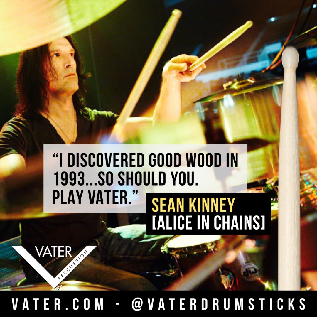 Sean Kinney of @AliceInChains has been rockin’ with @VaterDrumsticks for 30 years! Sean uses the Vater Nude 5B Nylon tip model for a unfinished grip that helps with hand sweat slippage and a nylon tip for a brighter cymbal tone that cuts through. Vater.com
