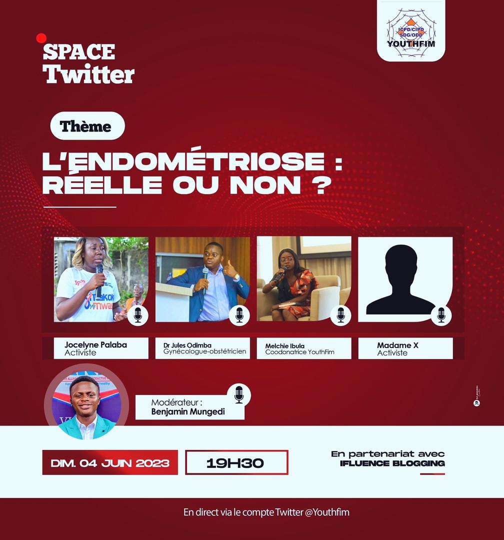 alex_mothoba's tweet photo. "🚀🌟 Demain à 19h30 heure de Kinshasa, rejoignez-nous pour un #twitteSpace dédié à l'endométriose ! 🩺👩‍⚕️ Nous vous  invitons  à prendre part  pour approfondir votre connaissance et savoir tous sur l'endométriose. 👇 https://t.co/G6iy7B7YsM
#FemmeEtFière 
#YouthFim https://t.co/eYcuUcwg6B