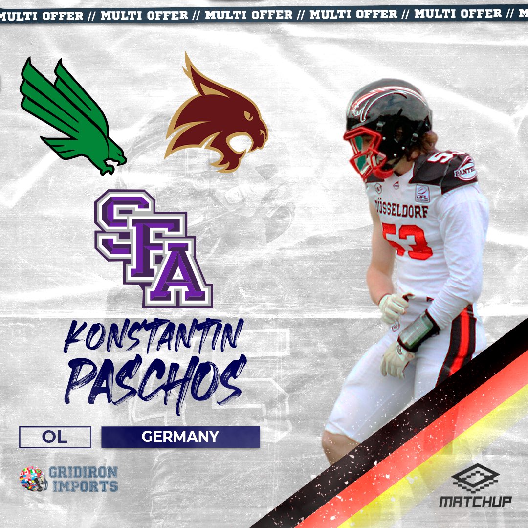 Camp Tour week is going well for <a href="/paschoko1/">Konstantin Paschos 🇩🇪</a> as he has picked up offers from <a href="/MeanGreenFB/">UNT Football</a> <a href="/TXSTATEFOOTBALL/">Texas State Football</a> and <a href="/SFA_Football/">Lumberjack Football</a> ! 
@MatchUp_Design