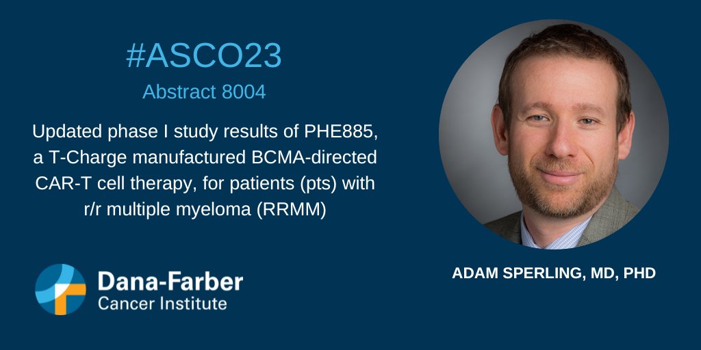 Dana-Farber News (@danafarbernews) on Twitter photo Phase 1 trial of fully human, BCMA CAR-T PHE885 manufactured in <2 days on the T-Charge platform, presented by Adam Sperling, MD, PhD, (<a href="/adamssperling/">Adam Sperling</a>) at #ASCO23. Data shows high response rates with no unexpected safety findings in patients with r/r multiple myeloma. Phase 1 trial of fully human, BCMA CAR-T PHE885 manufactured in <2 days on the T-Charge platform, presented by Adam Sperling, MD, PhD, (<a href="/adamssperling/">Adam Sperling</a>) at #ASCO23. Data shows high response rates with no unexpected safety findings in patients with r/r multiple myeloma.