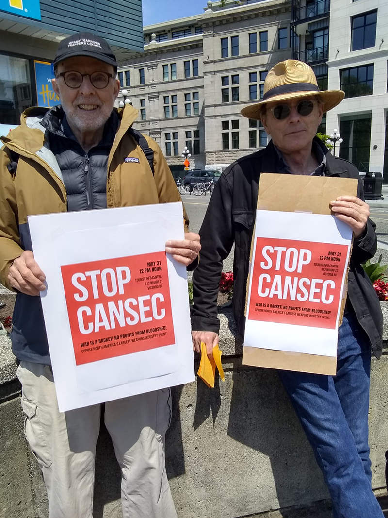 Arms dealers are not welcome in #Canada! 
 
This week, WBW and peace activists were out in #Victoria to support demonstrations in #Ottawa and locally demonstrate their opposition to the #CANSEC2023 weapons fair! buff.ly/3N4gZ2S #ShutDownCANSEC
