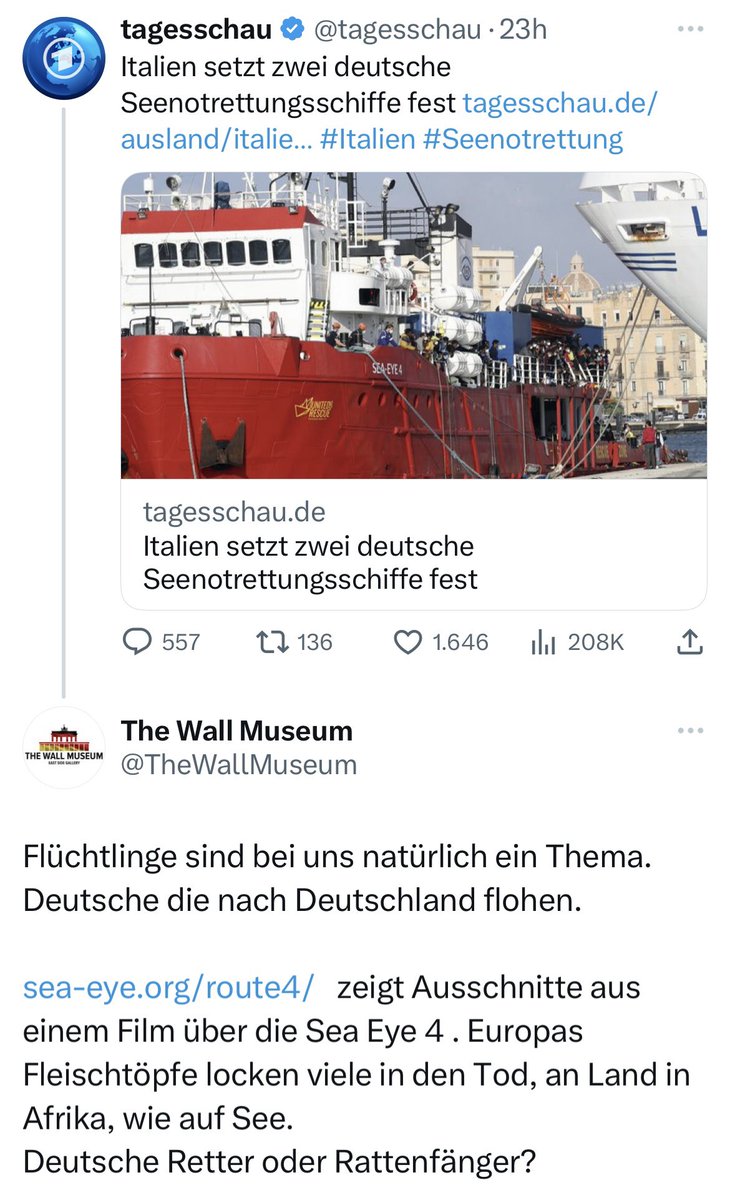 „Retter oder Rattenfänger“, fragt das @TheWallMuseum in Berlin unter einem Beitrag von @tagesschau zur Festsetzung der #SEAEYE4. Schutzsuchende Menschen als Ratten zu bezeichnen ist menschenverachtend und rassistisch. Ich musste das 2x lesen, weil ich es einfach nicht glaubte…