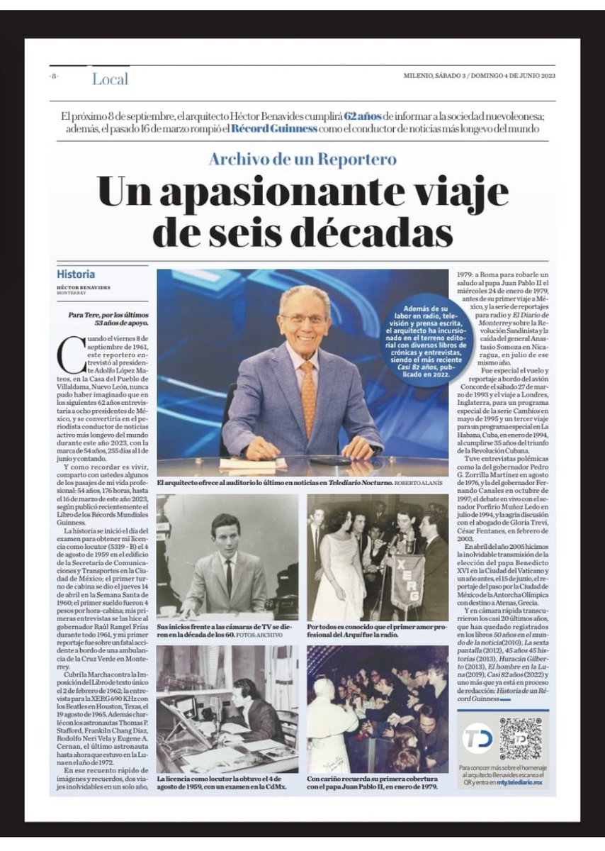 Una semana apasionante, recibí mi Récord Guinness por la Carrera más longeva a nivel mundial como Locutor de Noticias en Televisión en una misma empresa <a href="/multimediostv/">multimedios tv</a> <a href="/telediariomty/">@telediariomty</a> @milenio #ArchivodeunReportero #récordguinness