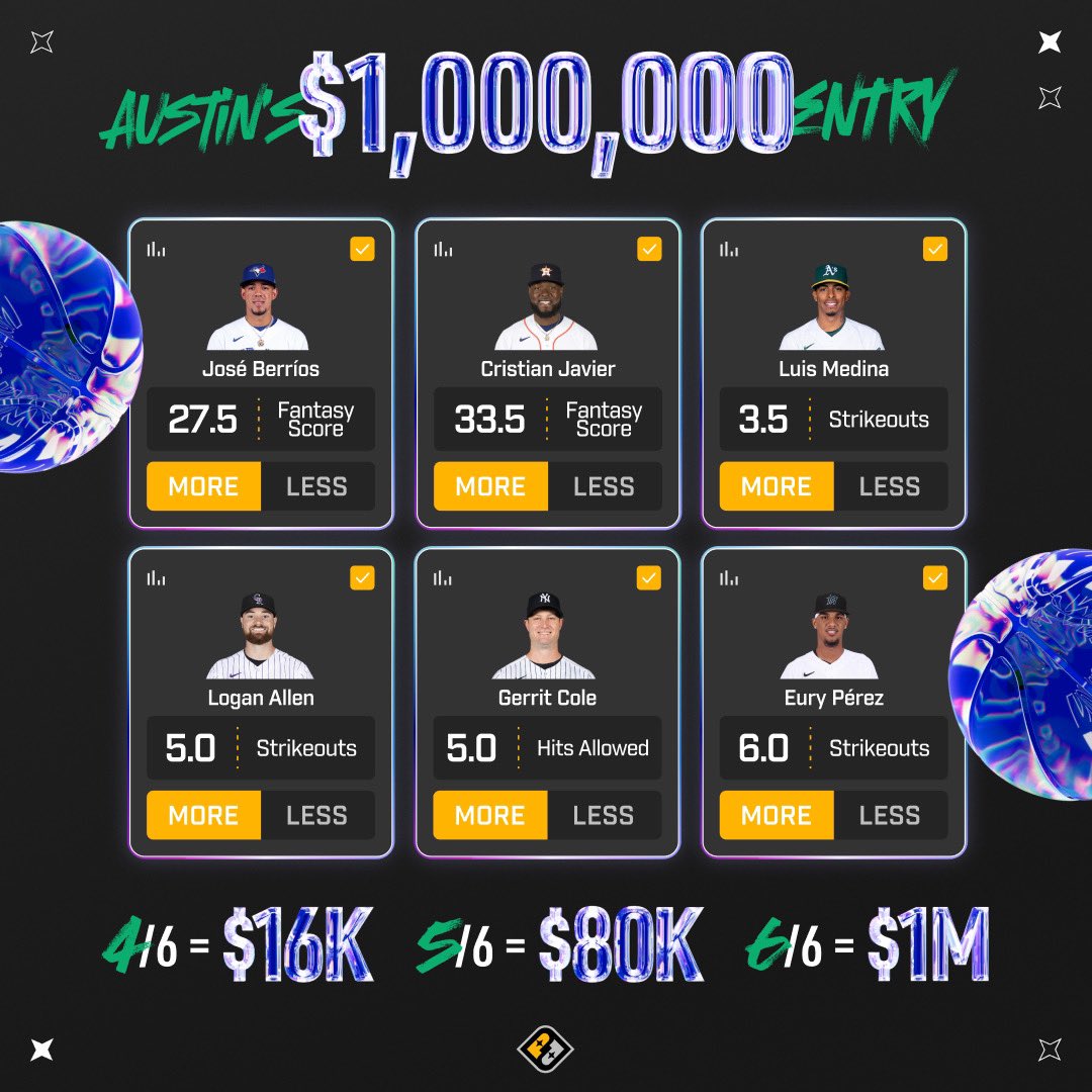 PrizePicks's tweet photo. Austin's turning to the baseball 💎

@austinalfaro6’s entry at 1:58pm ET got him a chance at $1,000,000 💰

All PITCHERS for the MILLY 💸 🫡 https://t.co/wVIGaDEErT