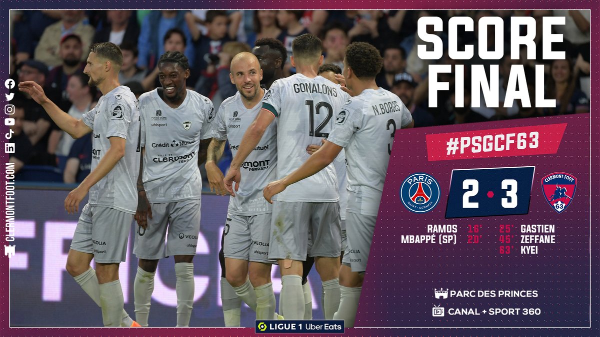 ⏱ 90'+3 🔥 C'est terminé au Parc des Princes où le CF63 s'offre un exploit XXL pour terminer sa magnifique saison 🔴🔵 2⃣ - 3⃣ 🌋 #PSGCF63