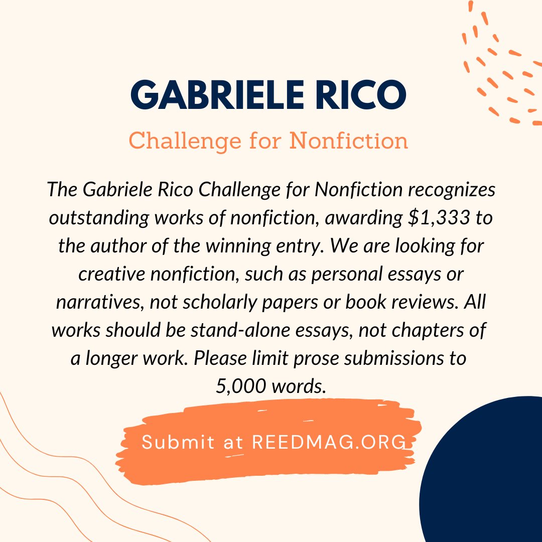 Submissions to the Gabriele Rico Prize for Nonfiction open JUNE 1ST! Visit reedmag.org for more information. 

#reedmagazine #writingcommunity #poetry #fiction #nonfiction #art #bayarea #sjsu #nonfictionsubmissions #submissions #submissionsopen #submityourwork