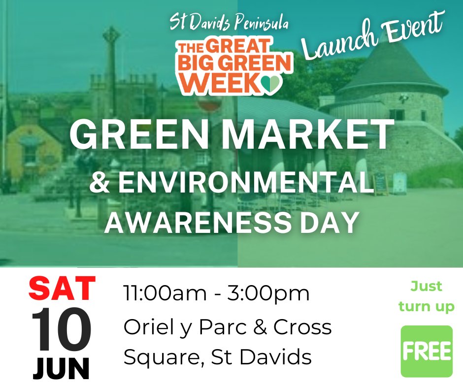 A week today it's the St Davids Peninsula #GreatBigGreenWeek with our Green Market & Environmental Awareness Day 11am-3pm! Info at ecodewi.org.uk/gbgw Loads of stalls, live music, food & kids activities on Cross Square #StDavids & @OrielyParc. Get it in the diary!💚 #gbgw