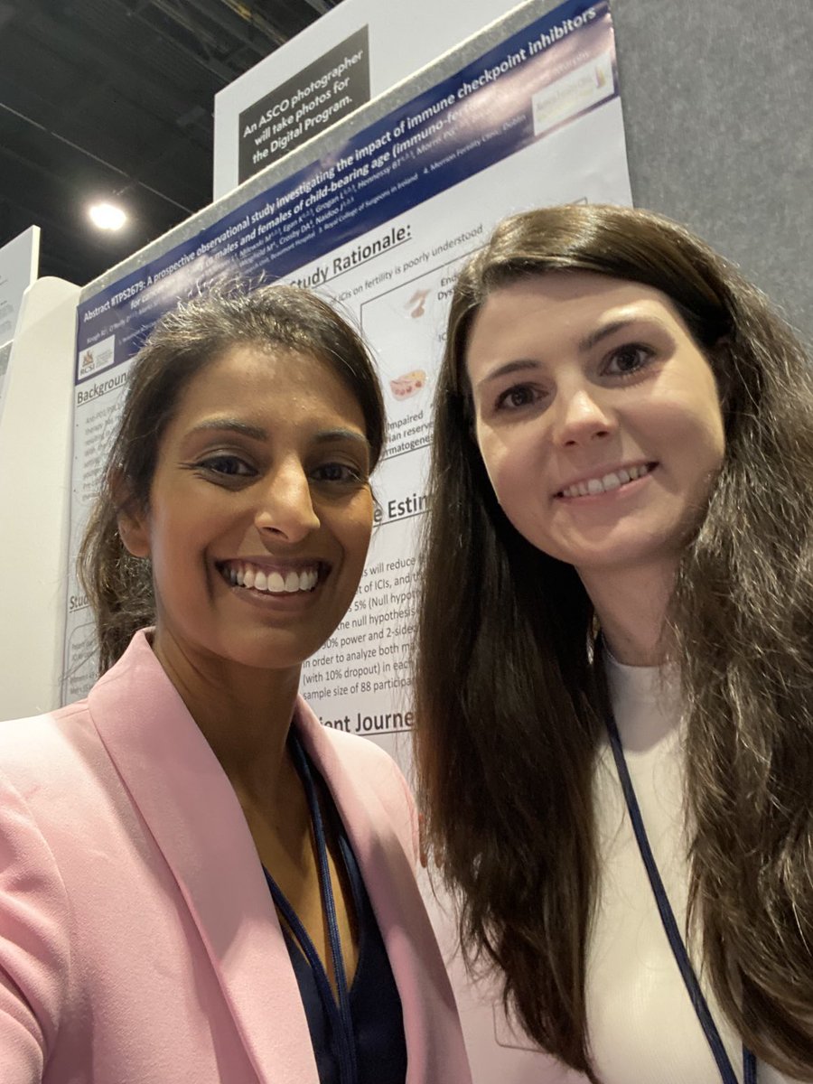 #ASCO23 My young ones&their posters ☺️ Congrats to superstar oncology trainees @DrRachelJKeogh🇮🇪: Effect of ICIs on fertility ⁦@CancerCentreIre⁩ ⁦⁦@RCPI_Trainees⁩ ⁦@AanikaBalaji⁩🇺🇸: irAEs in a pan-tumor population ⁦@hopkinskimmel⁩ ⁦@ASCO⁩