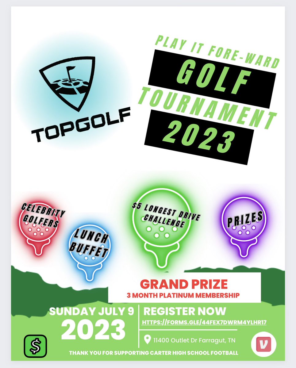TopGolf Tourn! Guest golfers, food included, longest drive contest,teams and individuals.Prizes to top performers! All proceeds are going to <a href="/CarterHSFB/">Carter HS Football</a> spread the word and register NOW. <a href="/Todd_Helton/">Coach Todd Helton</a> <a href="/CoachJPressley/">Justin Pressley🏴‍☠️</a> <a href="/ToddLance54/">Todd Pait, ED.S</a> <a href="/CainClifton_/">Cain Clifton</a> <a href="/lgam413/">Lance Gammon</a> 
 forms.gle/44Fex7dwRm4yLh…