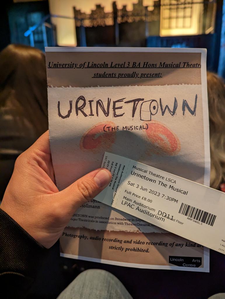 mcwyman's tweet image. Randomly came across @UoL_MT&apos;s production of Urinetown while visiting Lincoln&apos;s Castle and Cathedral. 

It was so good!! 

I just love student theater