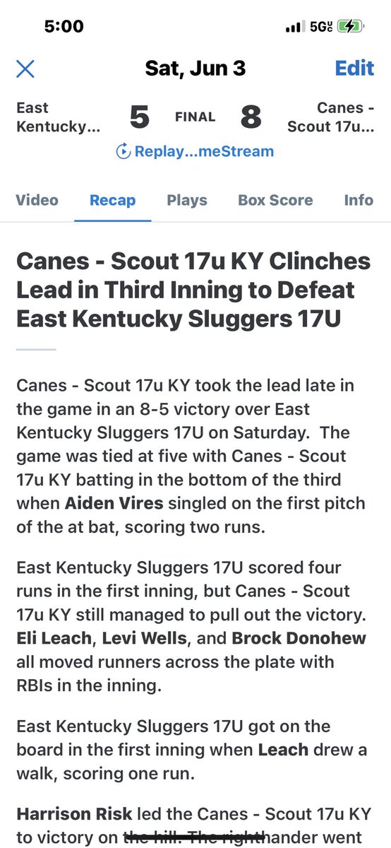 <a href="/vires_aidan/">aidan vires</a> Vires with huge hit and <a href="/harrison_risk/">Harry Risk</a> w the win to start summer over EK Sluggers.  @PBRKentucky <a href="/d3baseball/">D3baseball</a> <a href="/d1baseball/">D1Baseball</a> <a href="/KentuckyCanes/">Canes Kentucky Recruiting</a> <a href="/TheCanesBB/">Canes Baseball</a> <a href="/CanesKentucky/">Canes Kentucky</a>