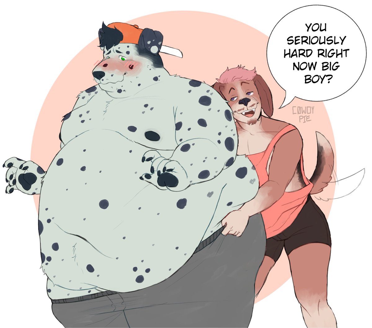 Its gotten to that point where you gotta help your boyfriend get his clothes on! At least I get to wear the ones that dont fit anymore~

Done by the lovely <a href="/cowdypie/">Cowdy! COMMS CLOSED!</a> and with my tubby puppy <a href="/Wereboofer/">Bapper Supreme 🐾</a>