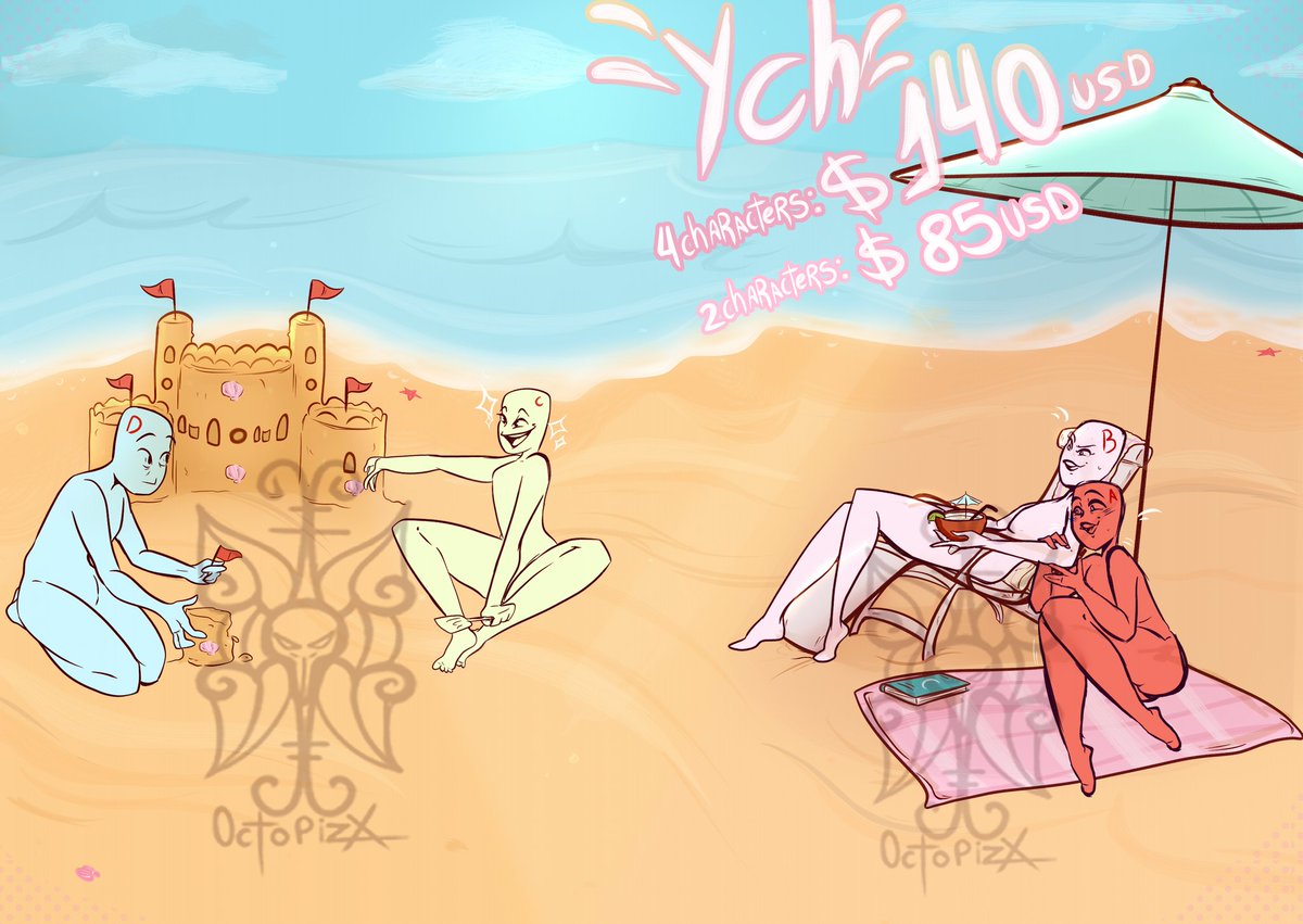 ✨BEACH DAY YCH OPEN (2 slots)✨

☄️multi arm characters for a $3usd fee  <3

🍻4 chars : $140usd
🏖2 chars: $85usd

- payments via paypal or kofi.

more informations in the comments<3
#ychcommission #sona #oc #YCH #HazbinHotel #HelluvaBoss #furryfandom #fursona #HHOC #HBOC