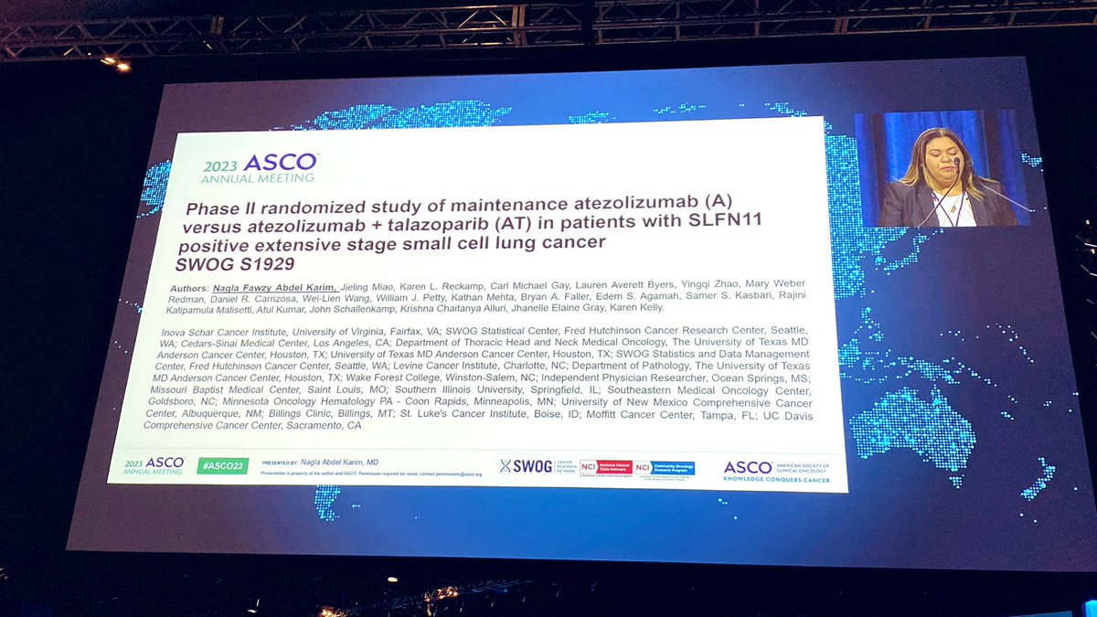 #ASCO2023 #LCSM Proud to be a part of SWOG S1929 looking at SLFN11 and Small Cell with PFS improvement with the addition of talazoparib to maintenance atezo. Thanks to all the patients who participated @LevineCancer