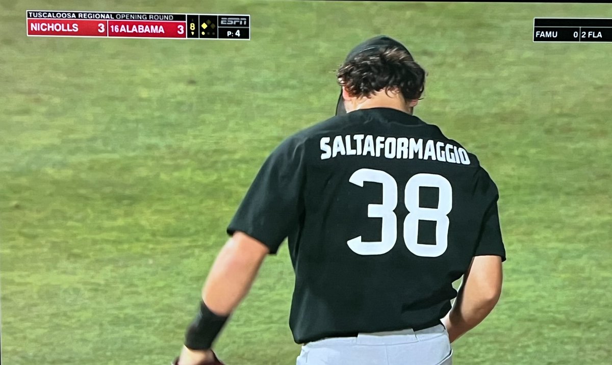 Bels132625's tweet photo. One of the greatest names is all of sports. Nichols State Colonials Pitcher Nico Saltaformaggio. 

If he ever makes it to Major League Baseball, I must have his jersey! Thankfully, they don’t charge by the letter! 😂
#espnsqueezeplay #RoadToOmaha https://t.co/jMoKRmFf9h