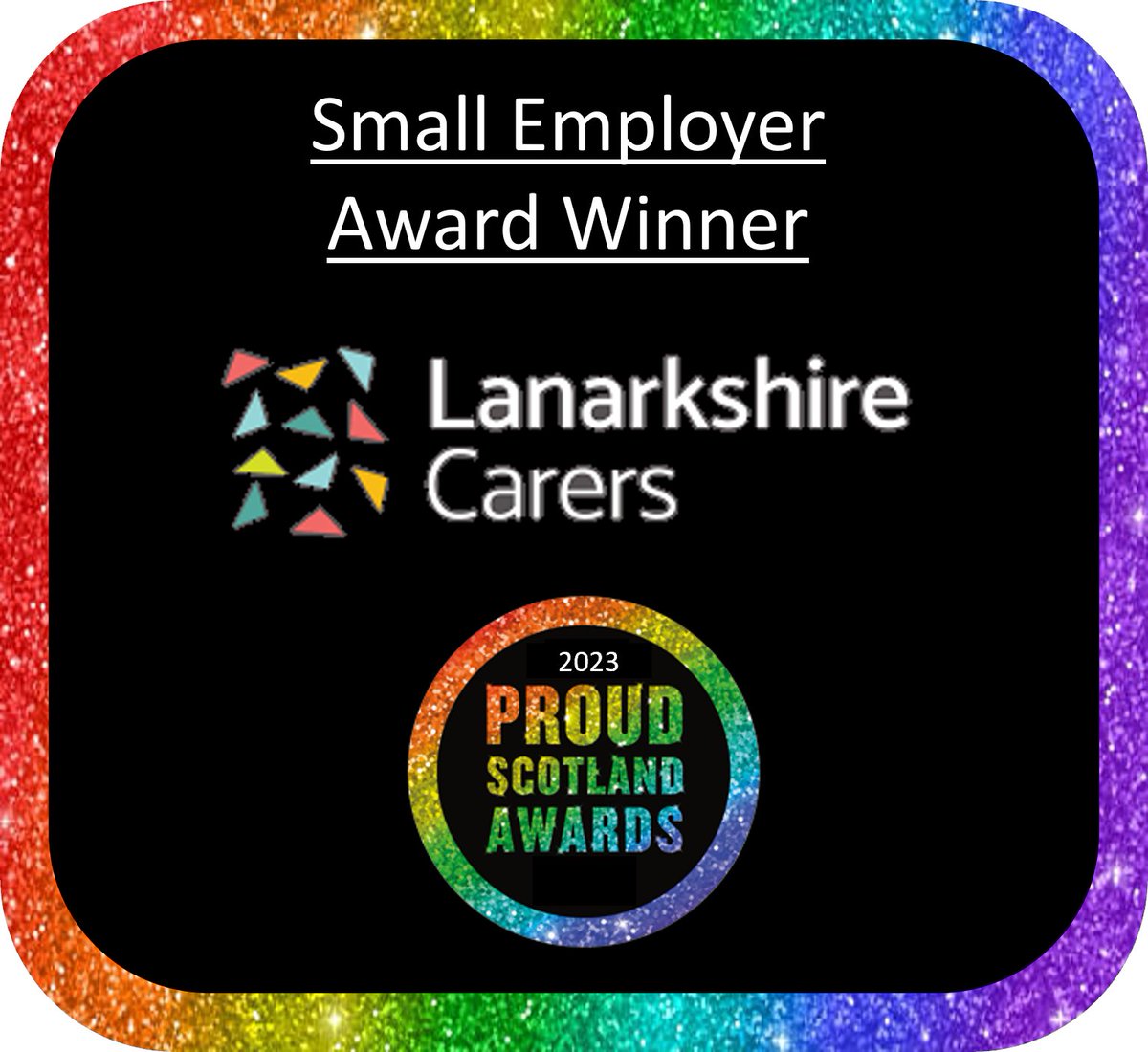ProudChair21's tweet photo. 🌟 We're thrilled to announce the winner of the Small Employer award at the #ProudScotlandAwards2023 is @Lan_Carers  - Congratulations! 🏆 Thank you for championing diversity, equality, and fostering a positive work culture. 👏🎉#SmallEmployerWinner #InclusiveWorkplace https://t.co/f08raTV6SR