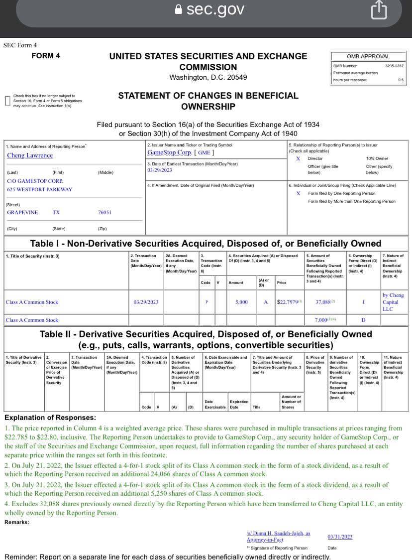 $gme Director Cheng added 5000 shares at $22.8 in March 31 filing.  earnings this week #memestocks