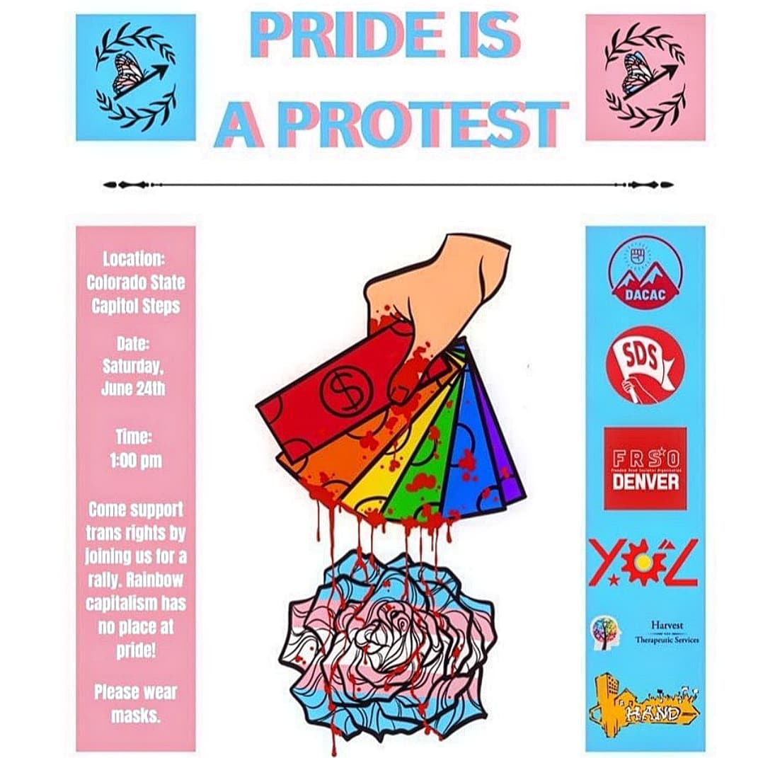 FedUpDEN's tweet photo. Please come out to support trans rights in Colorado and around the country by joining us for a rally during Pride! Organized by @TransRightsCO ❤️🌈
WHEN: Saturday, June 24, 1pm
WHERE: Colorado State Capitol Steps
#denverprotest #COpridemonth #denverpride https://t.co/WgPnhs8gny