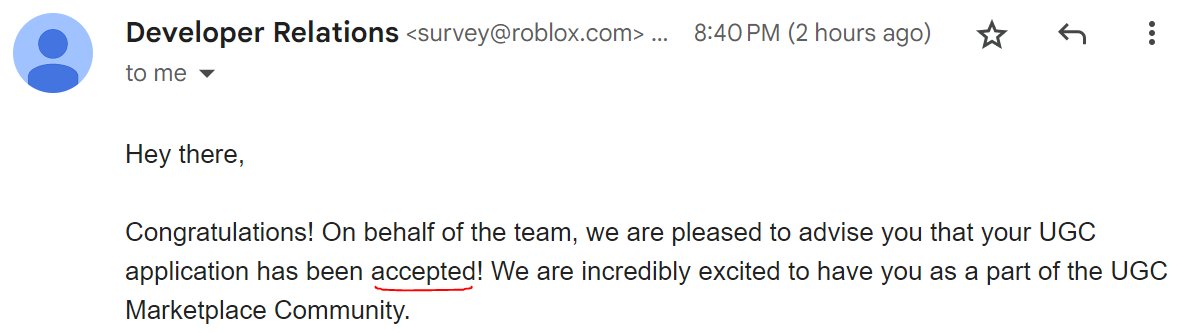 PackedDevv's tweet photo. Yes!!!! FINALLY! Been waiting for 6 months and finally I got accepted! #Roblox #RobloxDev #RobloxUGC https://t.co/B0lbVwgMD3