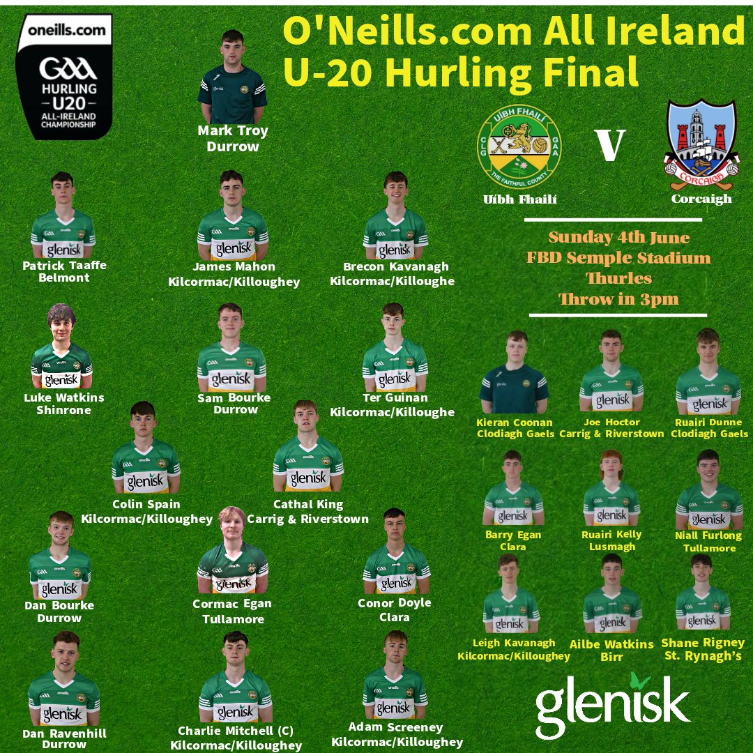 The <a href="/Offaly_GAA/">Official Offaly GAA</a> team that with play <a href="/OfficialCorkGAA/">Cork GAA</a> in the oneills.com All Ireland U-20 hurling final.

The very best of luck to all the players and management.

Leave early, drive safely and enjoy the match.

Wear your county colours with pride and let the lads hear