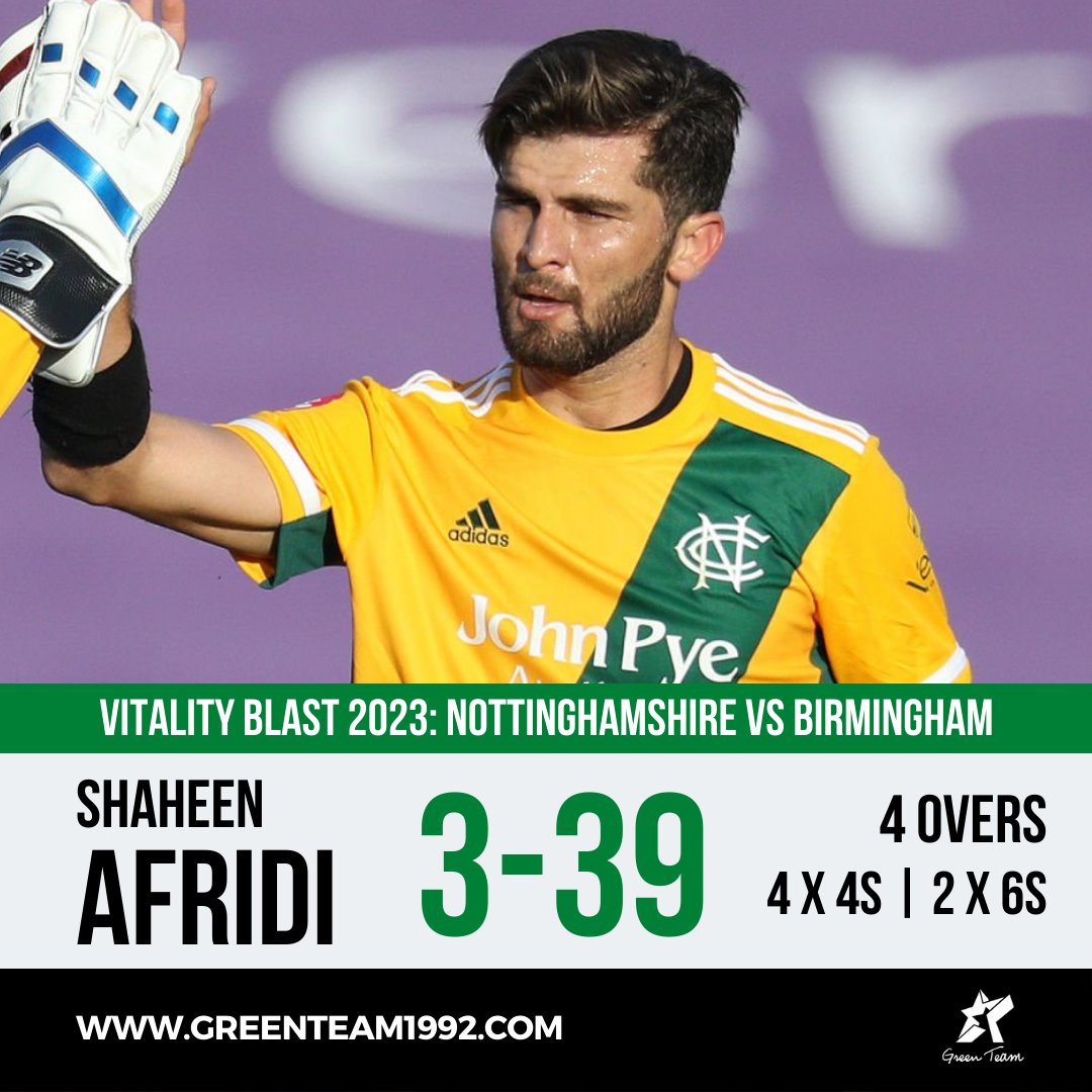 A better outing for Shaheen Afridi, whose figures of 3-39 consist of both openers and helped Notts defend 214 as they won by 11 runs.

#Cricket | #GreenTeam | #OurGameOurPassion | #KhelKaJunoon