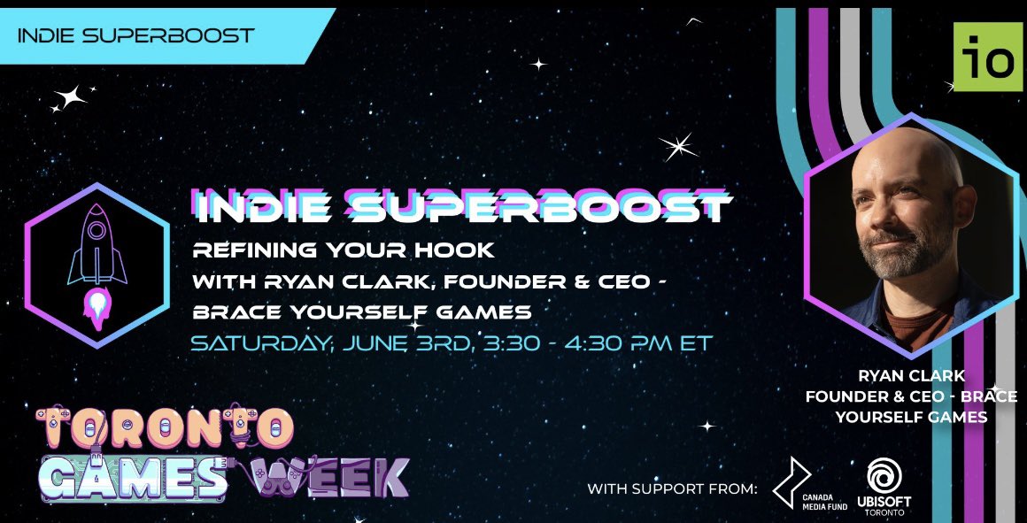 Many thanks Ryan (<a href="/braceyourselfok/">Ryan Clark</a>) for sharing invaluable tips &amp; insights today at <a href="/IOnews/">Interactive Ontario</a> special Indie Superboost at #TorontoGamesWeek

TY to moderator @RyanThinker, program lead <a href="/EthanBowbyes/">Ethan Bowbyes</a>, mktg coordinator <a href="/nerdalie_dorky/">Natalie Doherty</a>, partners <a href="/CMF_FMC/">Canada Media Fund</a> <a href="/UbisoftToronto/">Ubisoft Toronto</a> <a href="/torontogameswk/">Toronto Games Week</a>