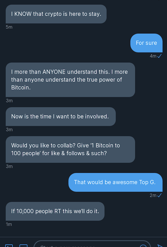 WOW! TOP G 100 #BITCOIN GIVEAWAY! ❤️ &amp; RT

Follow <a href="/AltcoinDailyio/">Altcoin Daily</a> &amp; <a href="/Cobratate/">Andrew Tate</a>