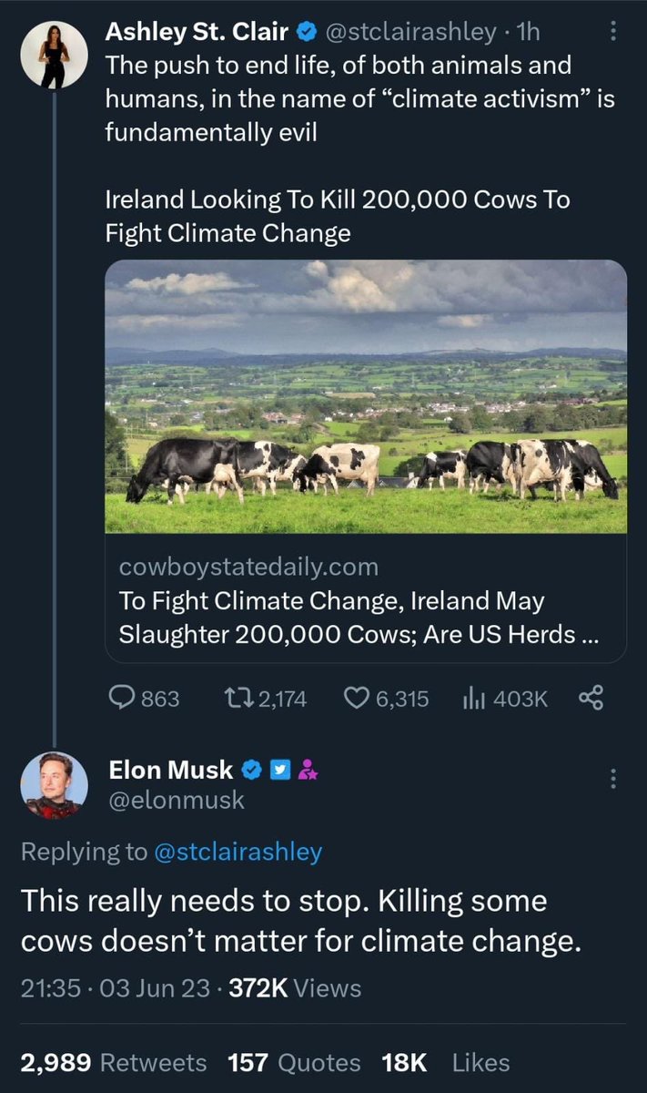 Interesting when <a href="/elonmusk/">Elon Musk</a> weighs in on the madness of the concept of Ireland culling cows ‘for climate’.

People need to get real.