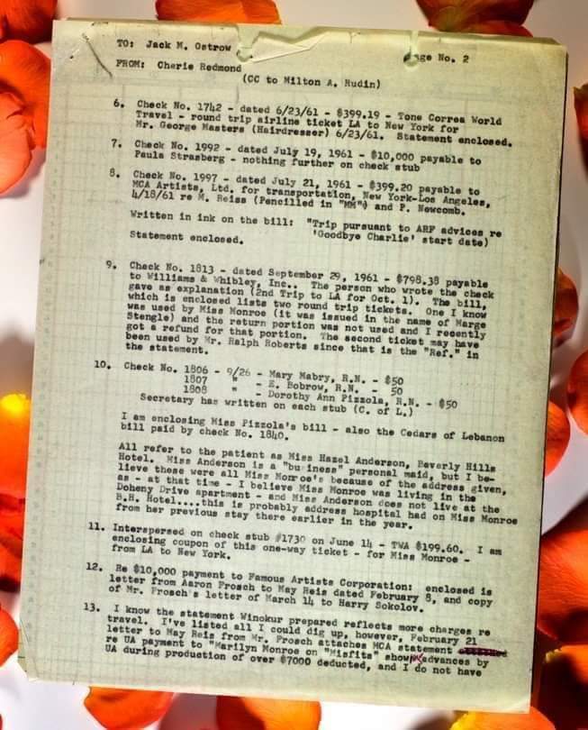 Documents detailing Marilyn's life in 1961 and 1962. This document was dated from June 4, 1962. It was from Cherie Redmond, Marilyn's secretary and detailed all the actress' expenses.

Copyright ClubpassionMarilyn, 2002-2023 pour 'Marilyn, la fille du calendrier'.