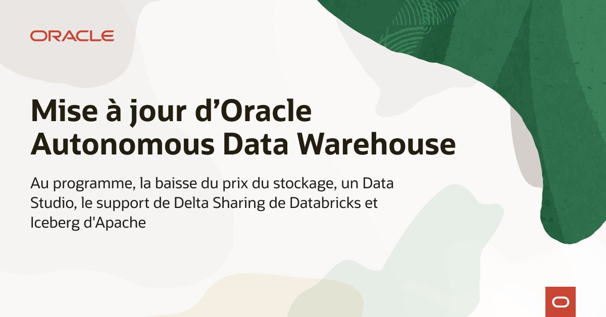 🚀@Oracle met à jour son offre #AutonomousDataWarehouse face à la concurrence
Découvrez les nouvelles fonctionnalités, baisse du prix du stockage, ajout de #DataStudio, support de #DeltaSharing de Databricks et #Iceberg d'Apache👉social.ora.cl/6016OvO3E
#cloud #données #analytics