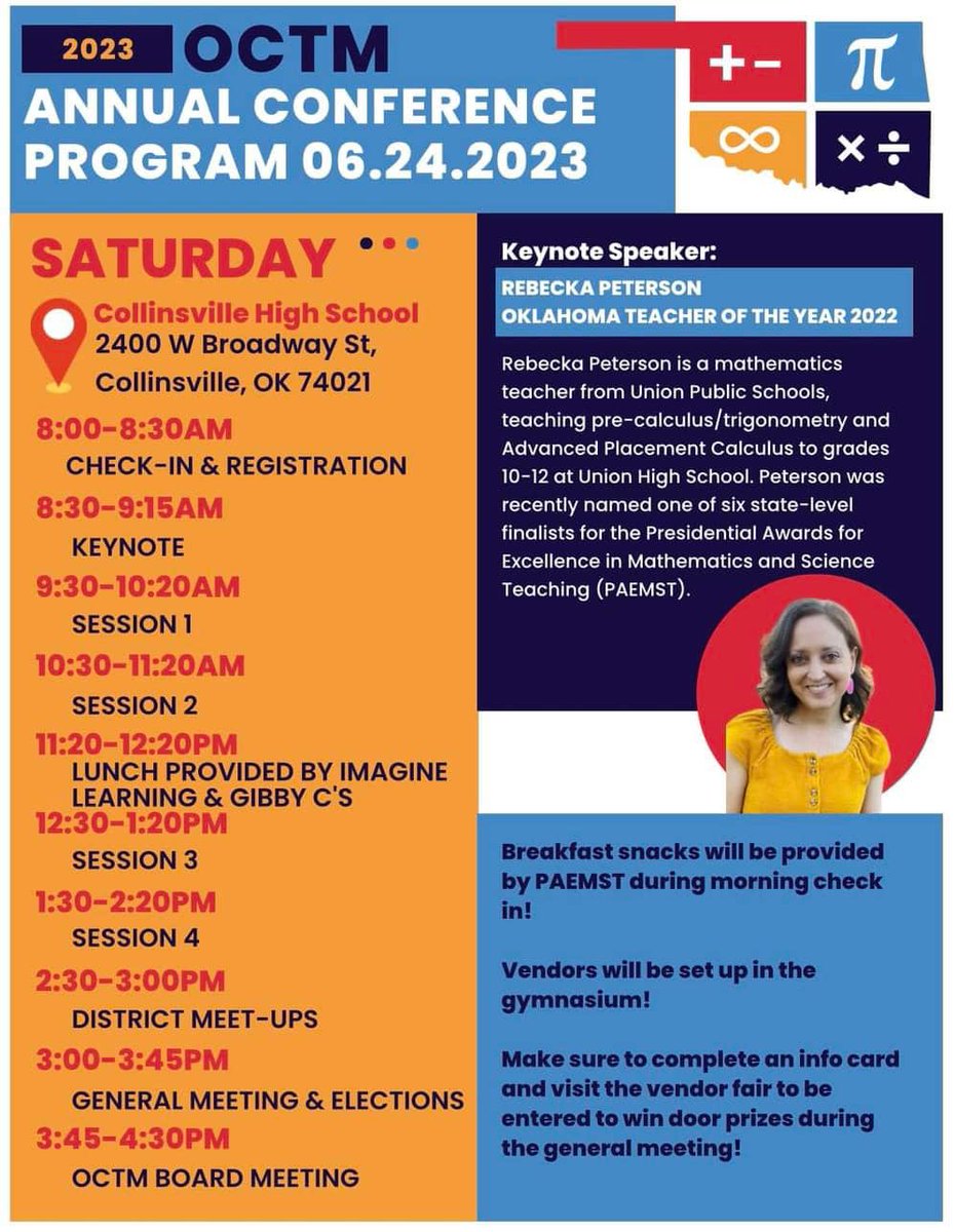 druinok's tweet photo. #OKMath #oklaed #mtbos #iteachmath
The Oklahoma Council of Teachers of Mathematics Annual Conference is only 3 weeks away! Please join us for a great day of professional learning with our keynote speaker (and National Teacher of the Year) @RebeckaMozdeh https://t.co/IyYKxEhE2S