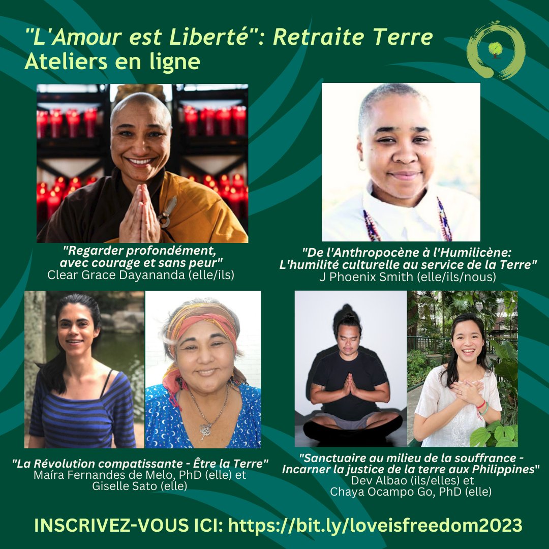 We are honored to be joined at the upcoming "Love is Freedom" - Global Earth Retreat [June 17-22, 2023] by workshop facilitators Clear Grace Dayananda, J. Phoenix Smith, Maíra Fernandes de Melo, Giselle Sato, Dev Albao, and Chaya Ocampo Go. 

earthholder.training/love-is-freedo…