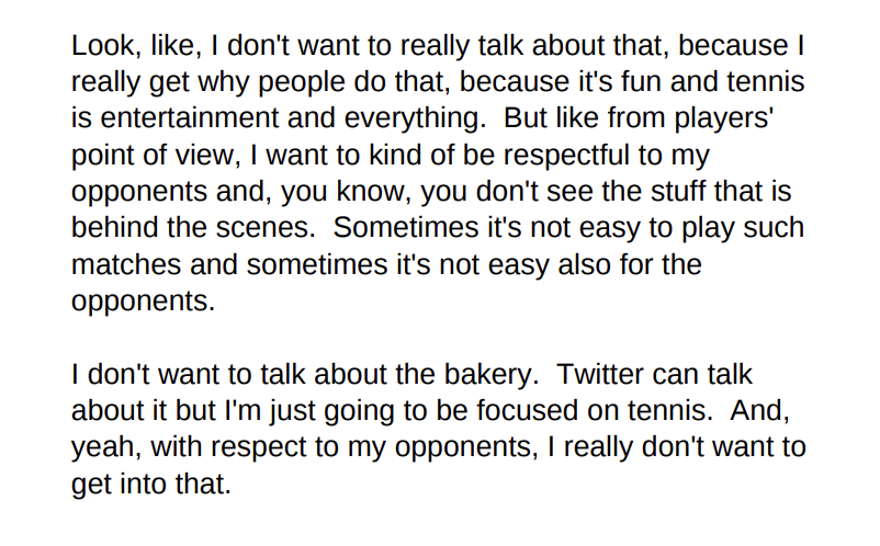 No. 1 Iga Swiatek, after her latest 6-0, 6-0 victory, on people (like me) playing up the Swiatek bagel bakery theme