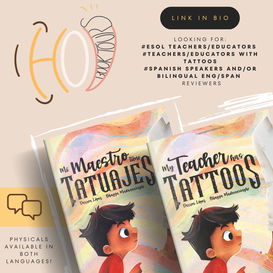 Our first Bilingual Book Tour! 

Sign-Ups now open for My Teacher has Tattoos/Mi Maestro Tiene Tatuajes by Darren Lopez and <a href="/DoodlesMoving/">Bhagya Madanasinghe 🇱🇰</a> !

👀ESOL teachers/educators, Educators with tattoos, Spanish Speakers, and/or Bilingual Eng/Span reviewers.

forms.clickup.com/14254462/f/dk0…