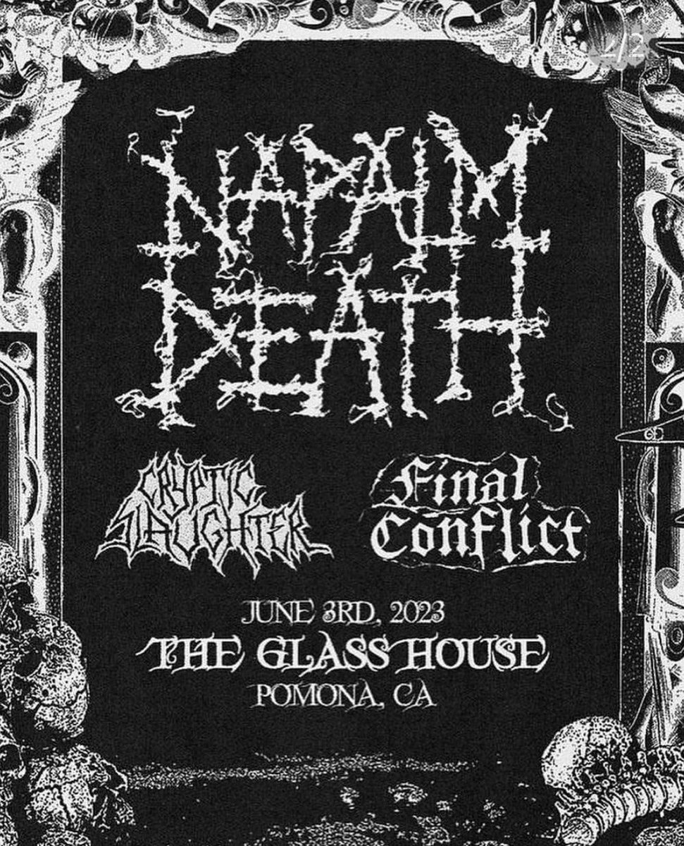 theOTCSlayer's tweet photo. There’s this lil shindig tonight in #Pomona @theglasshouse #NapalmDeath #CrypticSlaughter #FinalConflict think I’ll go kick some ass https://t.co/v5imgo16Dd