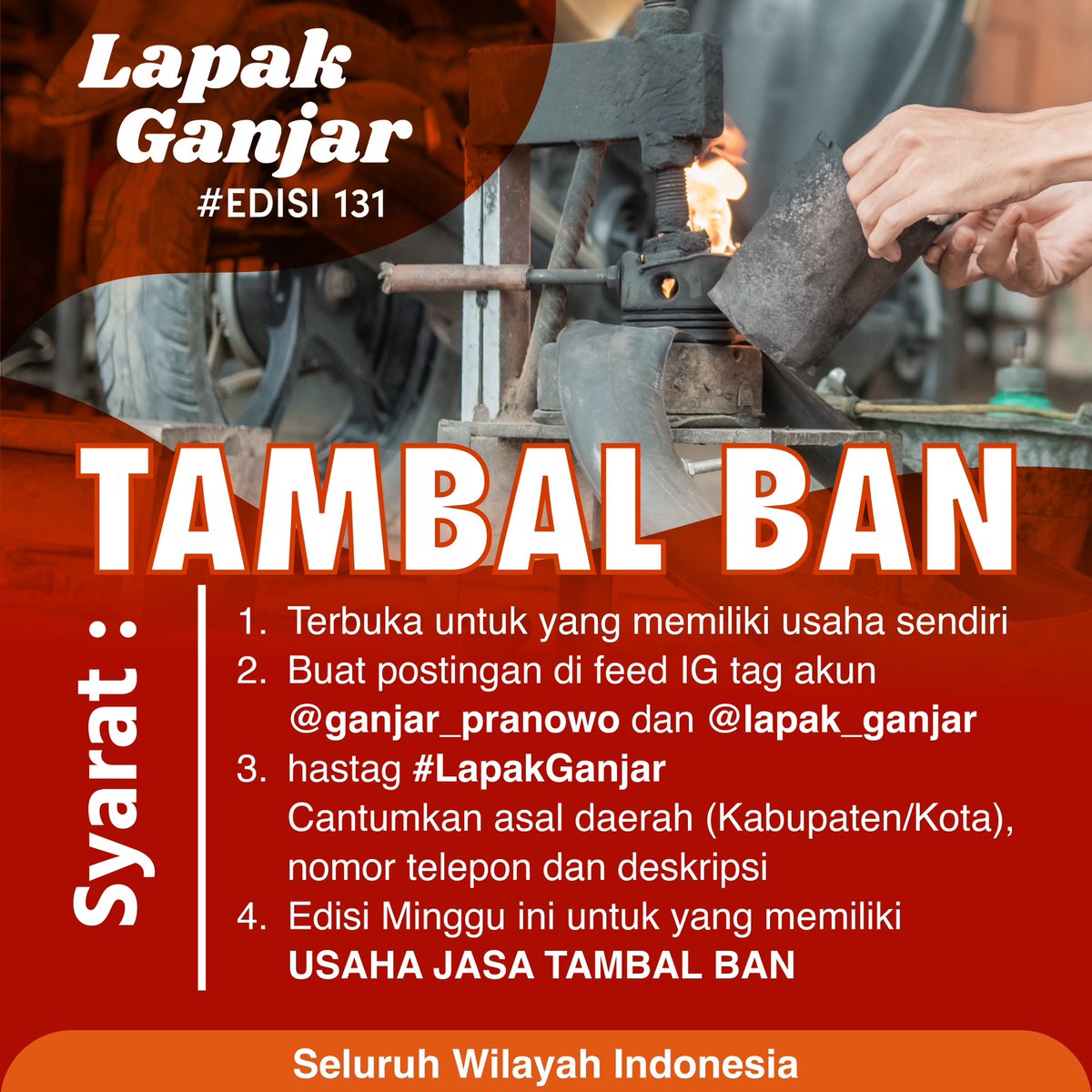 Tambal ban bukan profesi biasa. Pernah banmu bocor di jalan? #LapakGanjar edisi ini buat yang punya usaha tambal ban. Posting di feed sesuai poster.
Jangan lupa simpan nomor telepon tambal ban yang ikut #LapakGanjar edisi ini, bisa jadi kontak daruratmu juga! Hehe.