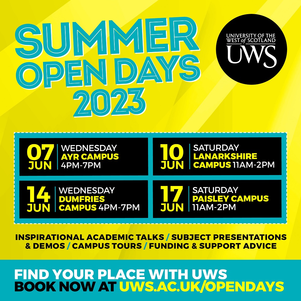 There's still time to register for our Summer Open Day at UWS Ayr campus on Wednesday 7th June - 4pm-7pm. Explore the campus, and discover more about study at UWS. Register for all our Summer Open Days at Ayr, Lanarkshire, Paisley and Dumfries here: uws.ac.uk/study/open-day…