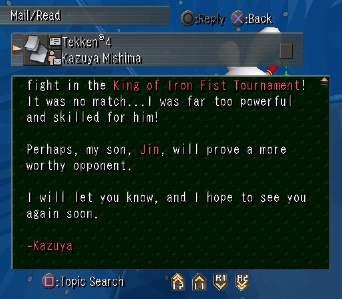 BatAtVideoGames's tweet image. Ryu texting in SF 6 is cute and all but never forget that Kazuya casually emails you in the American release of Xenosaga