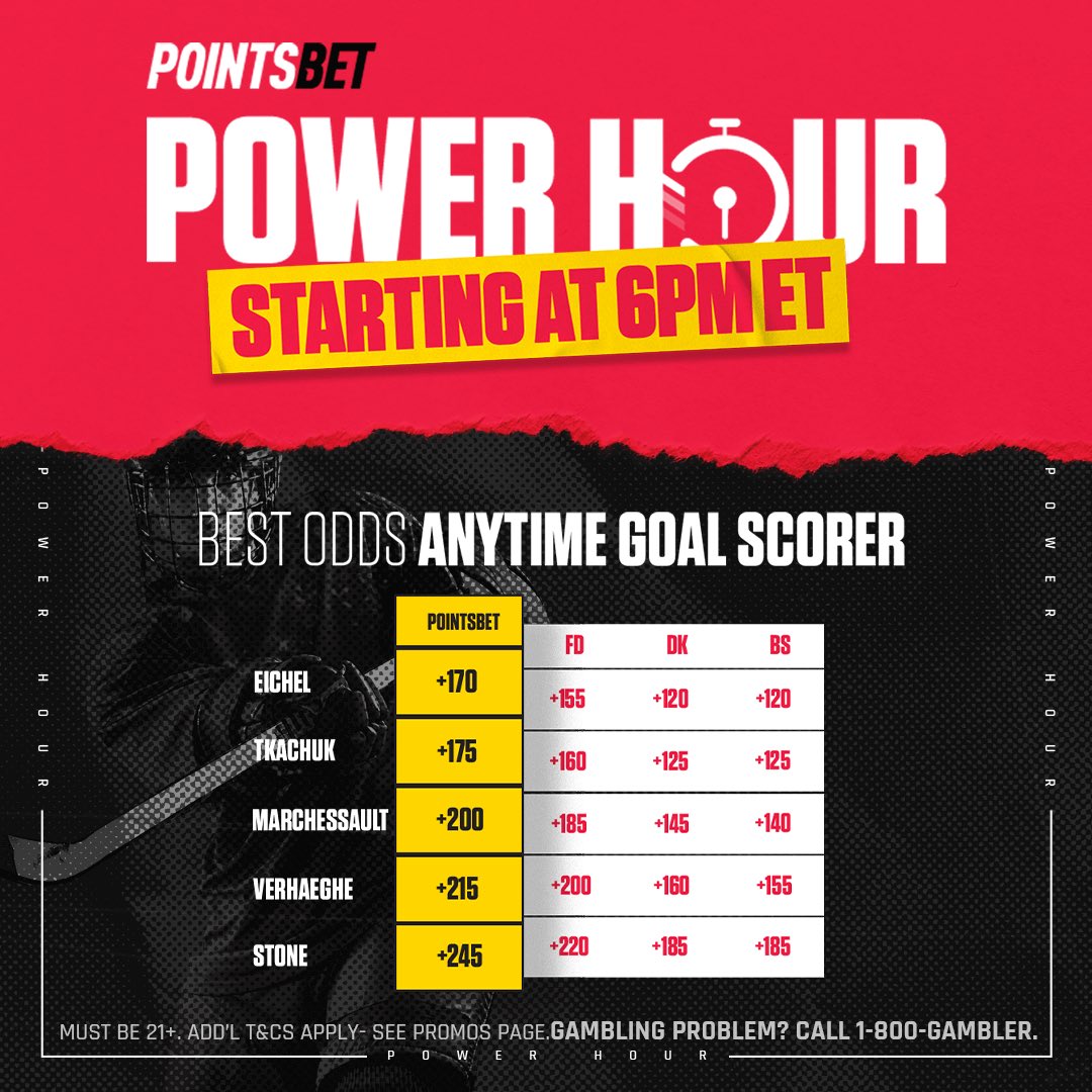 🚨POWER HOUR IS LIVE🚨 In all states from 6-7 PM ET: Best Odds Anytime Goal Scorer in Game 1 of the Stanley Cup Finals🤑 pointsbet.com