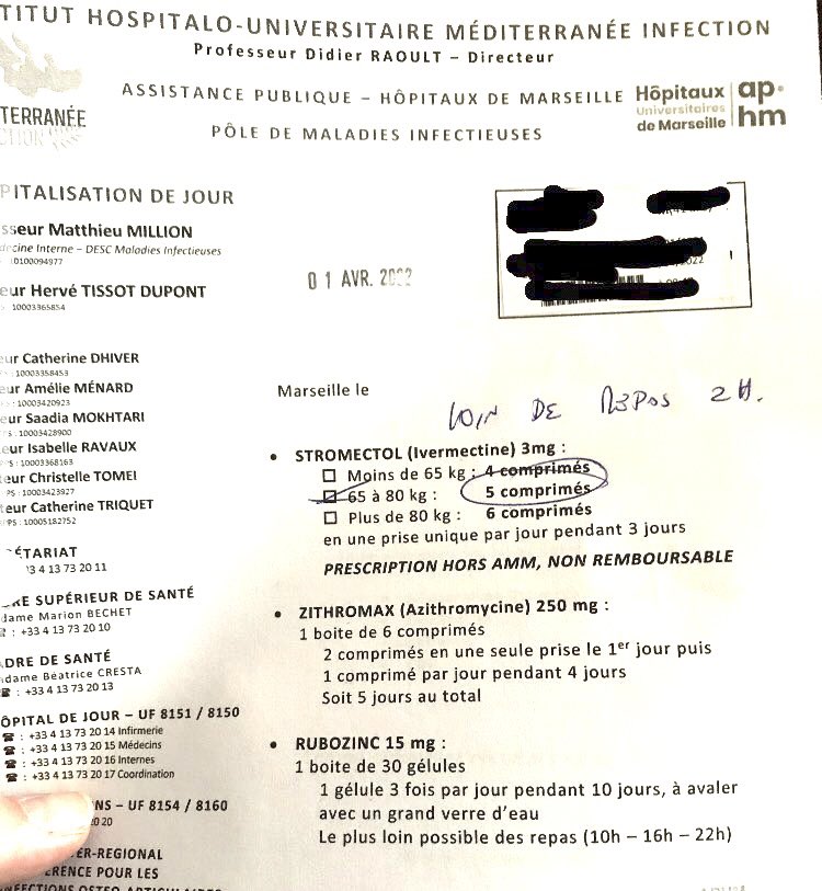 barriere_dr's tweet photo. Voilà à quoi ressemblait une ordonnance type à l’@IHU_Marseille en avril 2022 !
Le preprint non publié et rétracté rapportait dans ce sous groupe de patients traités par ivermectine + azithromycine un taux de mortalité de 4.3 % et 9.2% dans le bras ivermectine seul…
#IHUgate https://t.co/B8uMGtAOrT