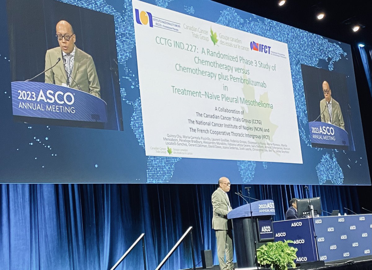 “The data presented today demonstrate that the use of pembrolizumab and platinum-pemetrexed chemotherapy extends the lives of patients with unresectable advanced or metastatic pleural mesothelioma,” said Dr Quincy Chu, #CCTG study chair for IND227 #solvingcancertogether
