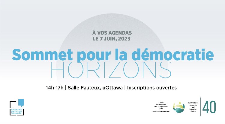 Rejoignez-nous et <a href="/ppforumca/">Public Policy Forum</a> le 7 juin pour "Sommet pour la #démocratie : Horizons". On a hâte d'apprendre de S.E. Solano (#CostaRica), S.E. Lim (#Corée), M. Lubinda (#Zambie), et Melanie Bartosh (<a href="/PIP_PSP/">PIP/PSP</a>). Inscrivez-vous: ppforum.swoogo.com/SummitForDemoc… #SommetPourLaDémocratie