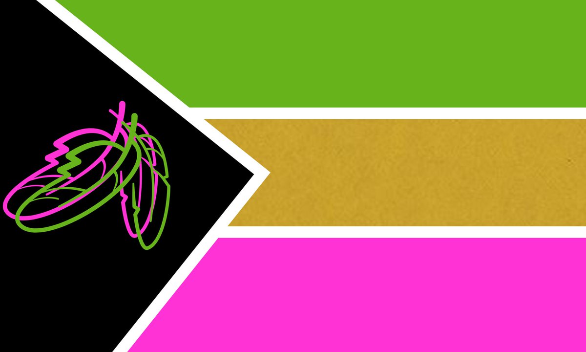 Well since it's #PRIDEMONTH  I wanted to share this 2Spirit flag I created!! 

The green 🟢: Femininity and Nature!!
The gold 💛: Divinity and Spirit!!
The Pink 🩷: Masculinity and Emotion!!

And of course 2 Feathers !!<3