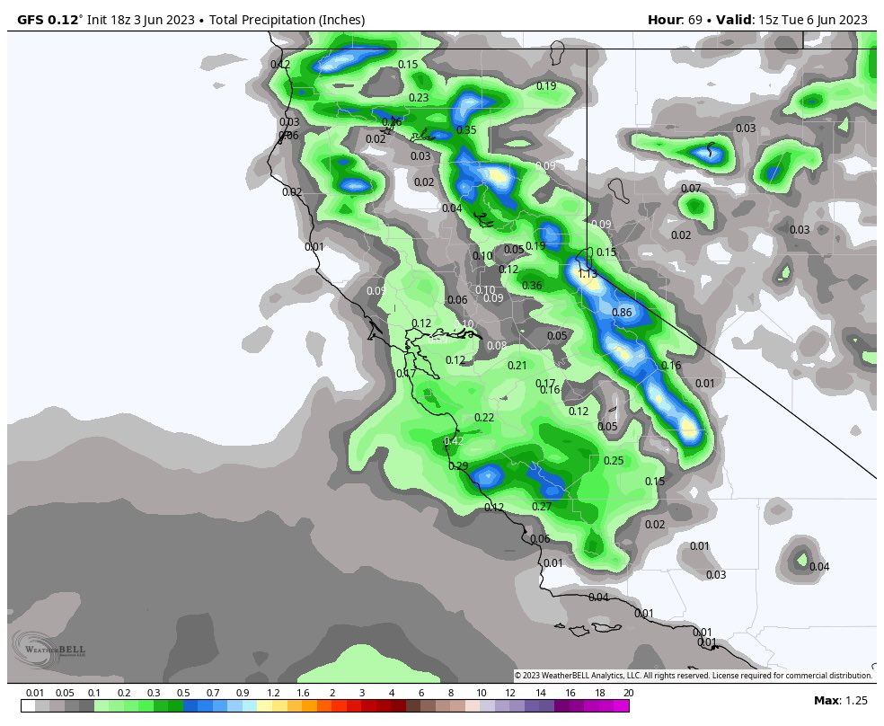 JUNE RAIN: Confidence is increasing of scattered thunderstorms across Northern California bringing measurable rain in the Central Valley and Bay Area on Tuesday. Stay tuned. ⛈🌧 #CAwx #WxTwitter