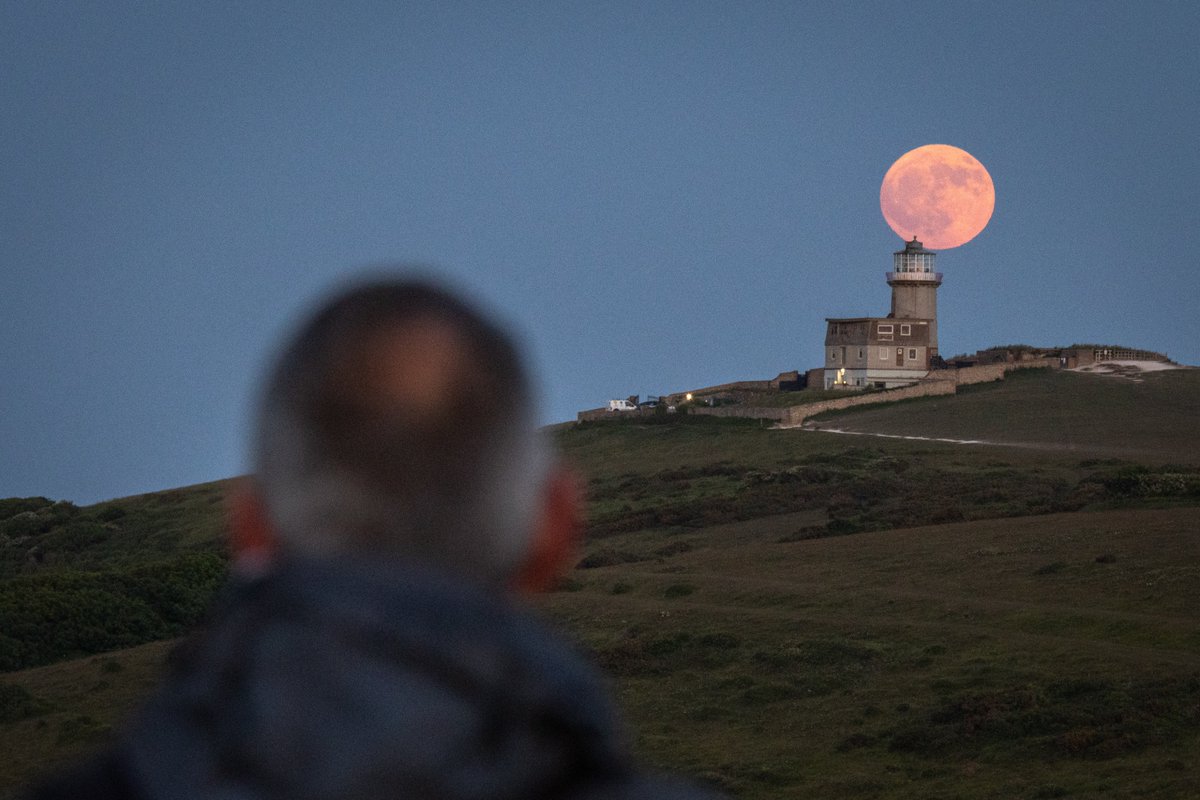 andrewgardnr's tweet photo. The full strawberry moon (99.8%) rising over the Belle Tout lighthouse (and some sheep) in East Sussex this evening 🌕 https://t.co/6oivcgqkHS