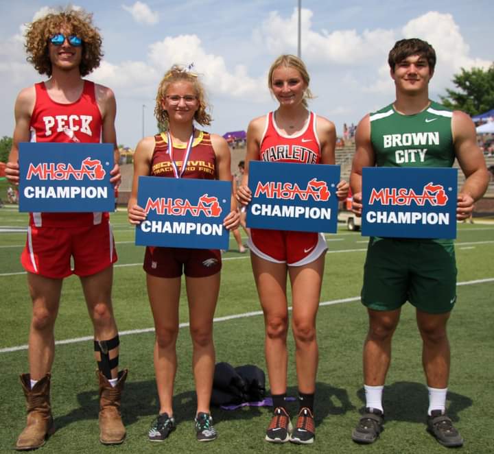 SanilacSports's tweet photo. What a day for Sanilac County at the D4 track state finals today.

Alex Affer (Peck) - long jump (set state record)
Rebecca Moeller (Deckerville) - pole vault
Olivia Findlay (Marlette) - high jump
Kyle Affer (Brown City) - shot put https://t.co/bTx01yVErz